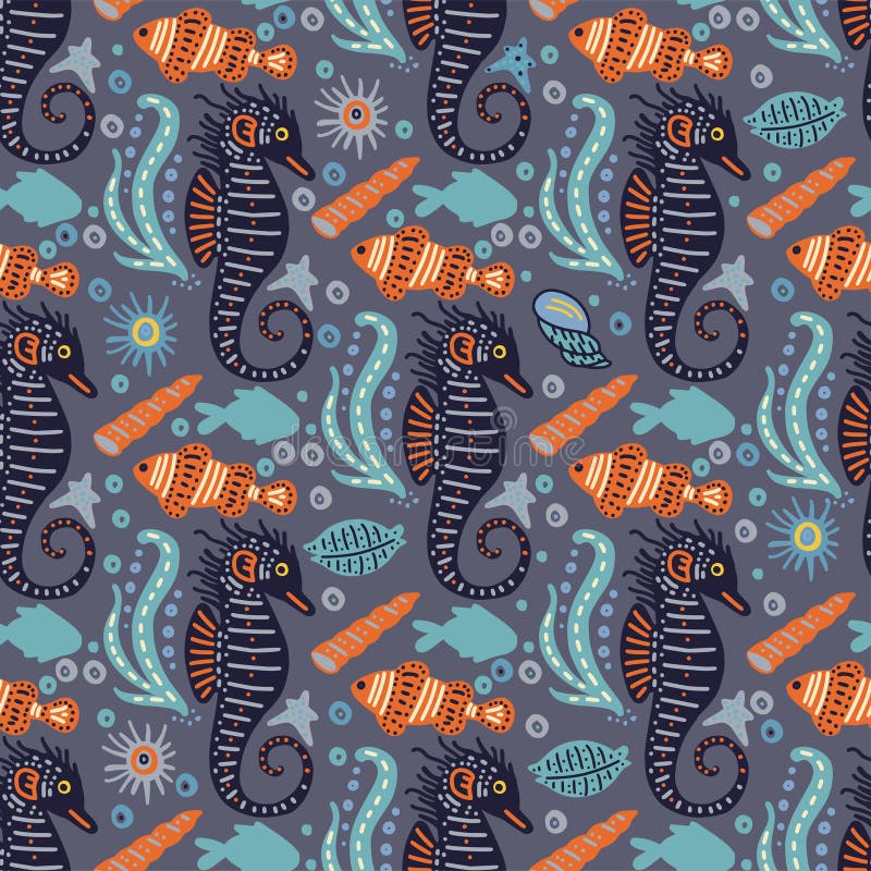 Padrão vetorial desenhado à mão de mar com vários animais marinhos ilustração do vetor