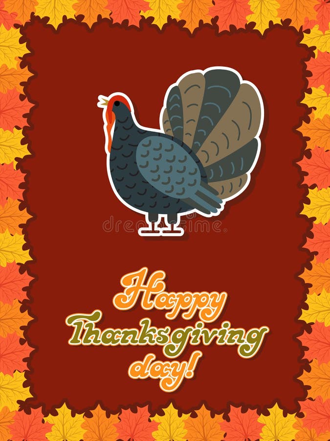 Vector Thanksgiving Card with Maple Leaf, Turkey Bird. Flat Style. Hand