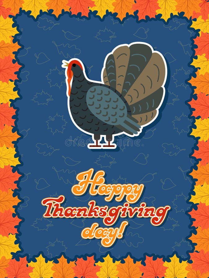 Vector Thanksgiving Card with Maple Leaf, Turkey Bird. Flat Style. Hand