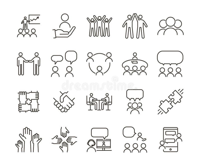 Vector thin line icon illustration set. Teamwork and people interacting, communicating and working together for business companies royalty free illustration