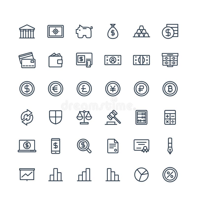 Vector thin line icons set with banking and finance outline symbols.