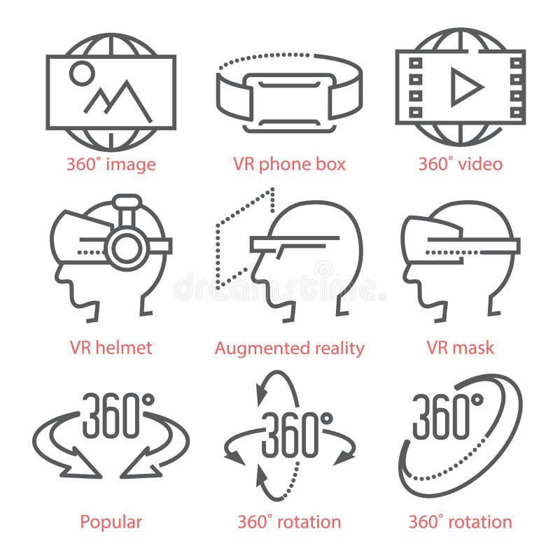 Vector thin line icons set with 360 Degree View Icons, virtual reality equipment and accessories for infographics and UX royalty free illustration