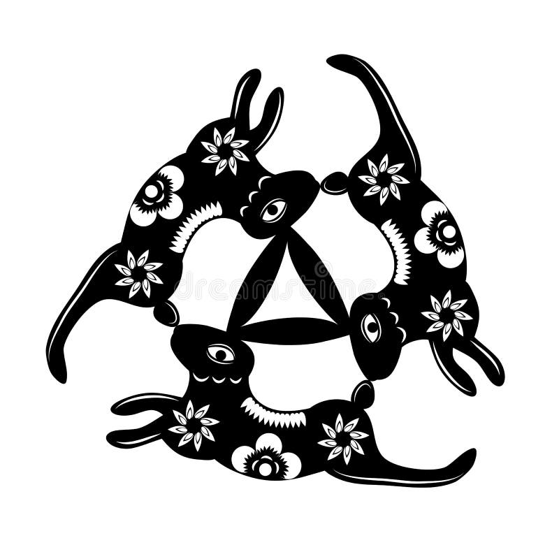 Vector: three rabbit, hand writing,black and white vector illustration