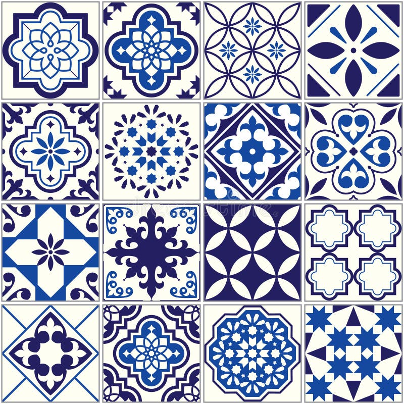 Vector Tile Pattern Lisbon Floral Mosaic Mediterranean Seamless Navy