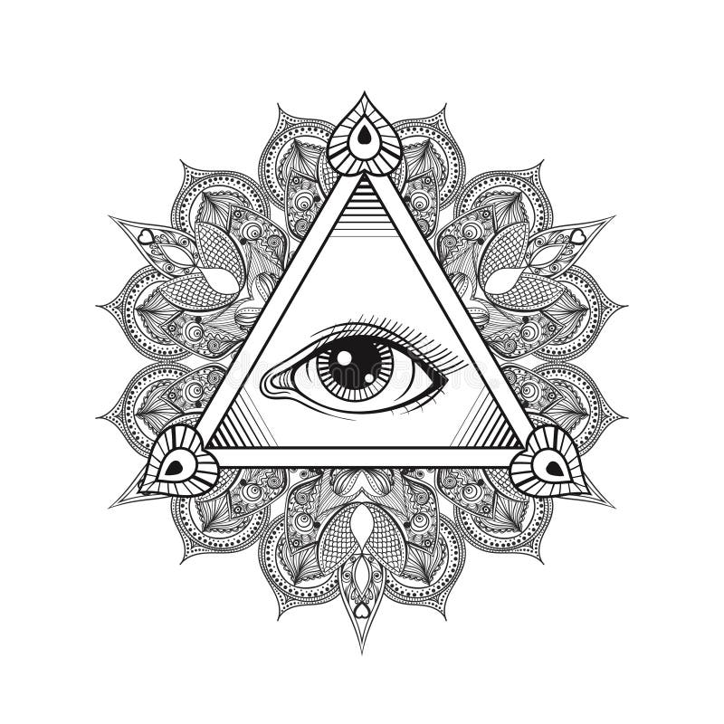 Vector todo el símbolo de la pirámide del ojo que ve Tatuaje Design Vintage Han stock de ilustración