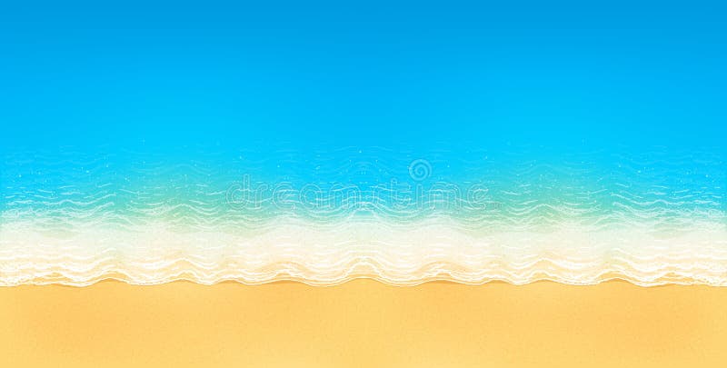 Vector top view of calm ocean beach with blue waves, yellow sand, and white foam