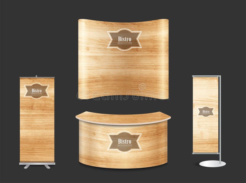 Vector trade show booth exhibition stand with wood texture. Blank trade show booth exhibition stand design mock up. Front view with wood texture background vector illustration Vector trade show booth exhibition stand with wood texture. Blank trade show booth exhibition stand design mock up. Front view with wood texture background vector illustration