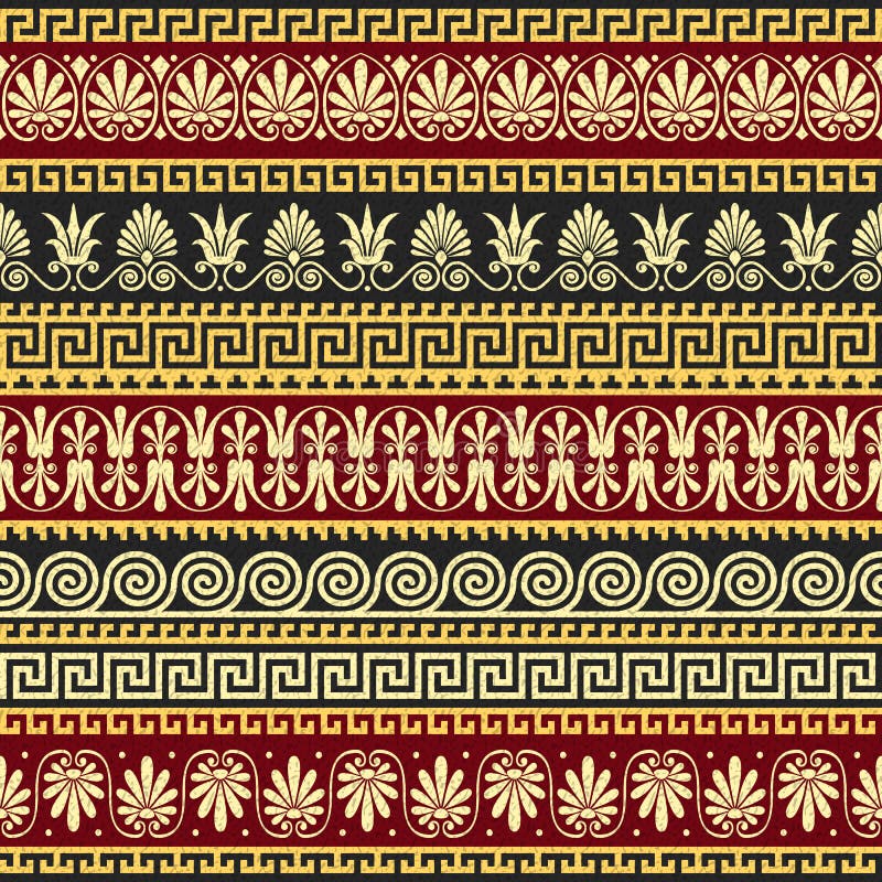 Set Traditional vintage golden square and round Greek ornament (Meander) and floral pattern on a red and black background. Set Traditional vintage golden square and round Greek ornament (Meander) and floral pattern on a red and black background