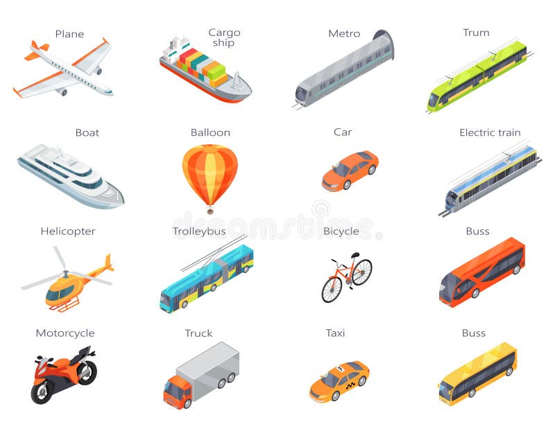 Collection of transport icons. Vector in isometric projection. 3d illustrations of road, railway, flying, water, personal, public and commercial transport with caption. For ad design, app icons, games. Collection of transport icons. Vector in isometric projection. 3d illustrations of road, railway, flying, water, personal, public and commercial transport with caption. For ad design, app icons, games