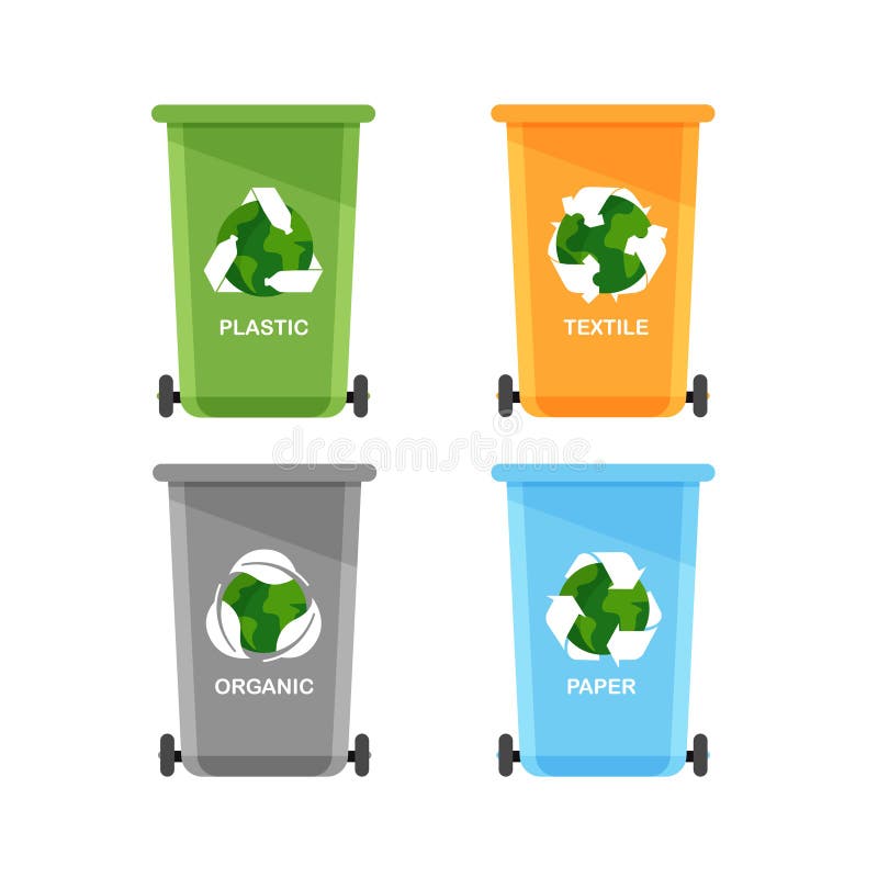 Sort your garbage. Color trash cans with recycling icon. Organic, plastic, paper, textile waste. Vector illustration in a trendy flat style isolated. Sort your garbage. Color trash cans with recycling icon. Organic, plastic, paper, textile waste. Vector illustration in a trendy flat style isolated.