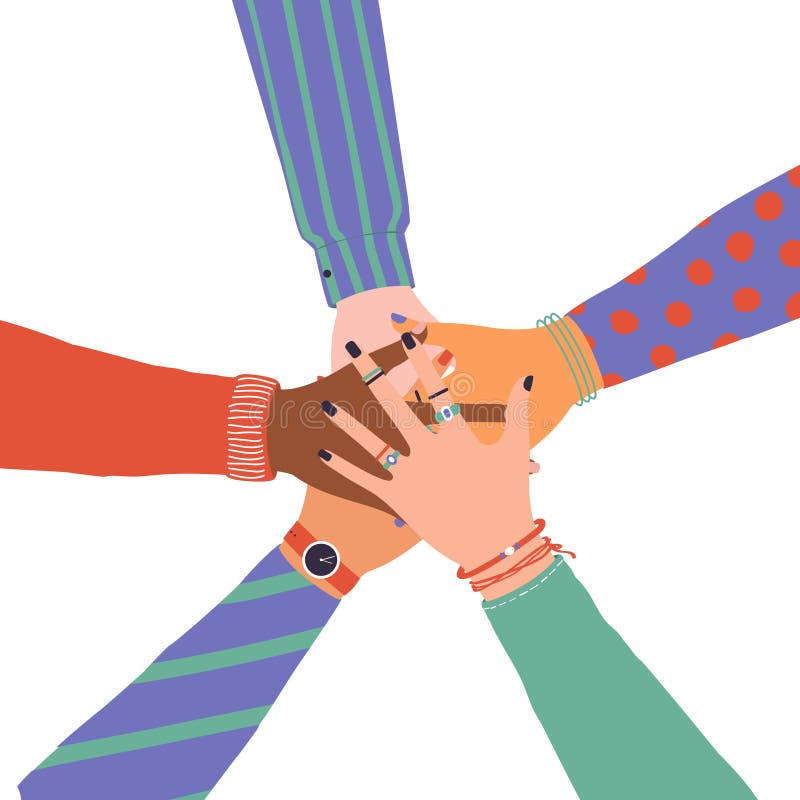 Vector trendy illustration with hands of diverse group of people putting together. Concept of friendship, cooperation, teamwork