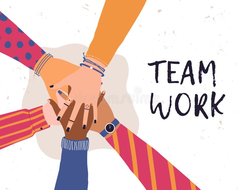 Vector trendy illustration with hands of diverse group of people putting together. Concept of friendship, cooperation, teamwork