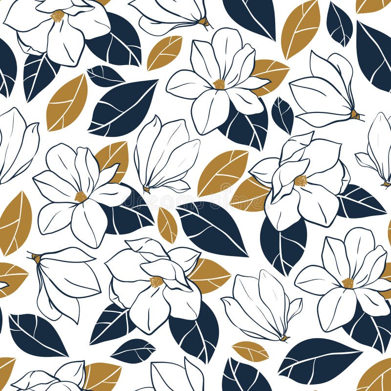 Vector trendy seamless pattern with botanical elements. Magnolia flowers,buds and leaves in deep blue and mustard colors. stock illustration Vector trendy seamless pattern with botanical elements. Magnolia flowers,buds and leaves in deep blue and mustard colors. stock illustration