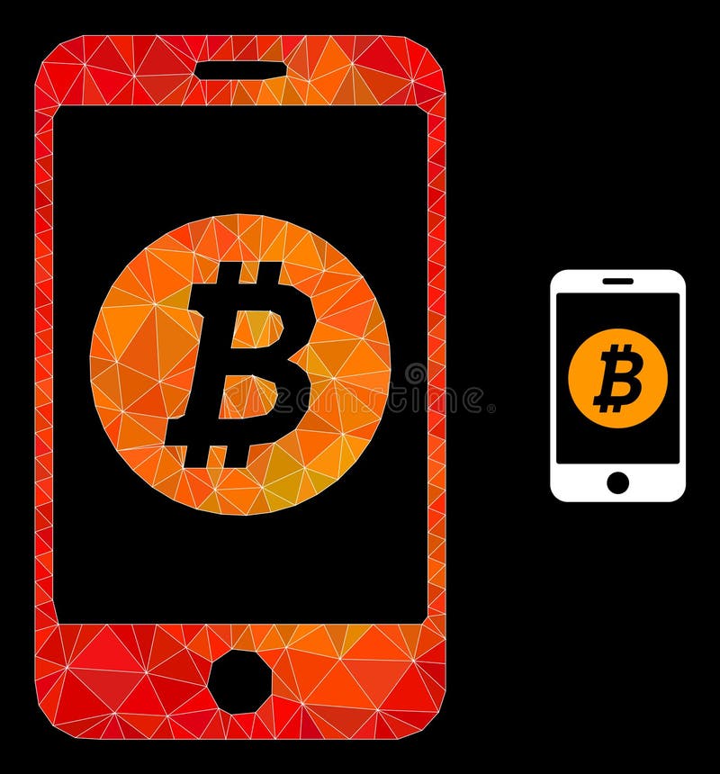Low-poly mobile bitcoin bank icon with fire colorful gradient. Triangulated fire colorful mobile bitcoin bank polygonal symbol illustration.