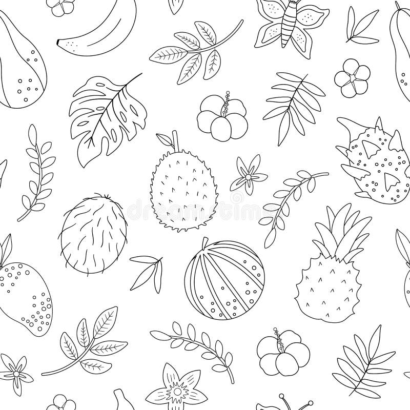 Vector tropical black and white seamless pattern with fruit, flowers and leaves. Jungle foliage and florals digital paper. Hand