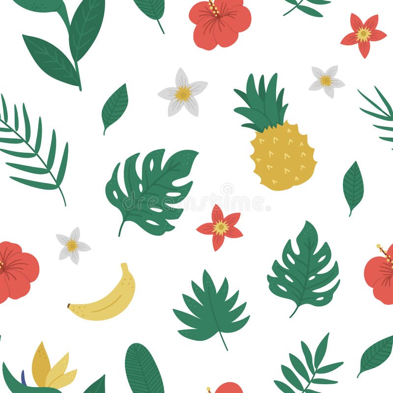 Vector tropical seamless pattern with fruit, flowers and leaves. Jungle foliage and florals digital paper. Hand drawn flat exotic