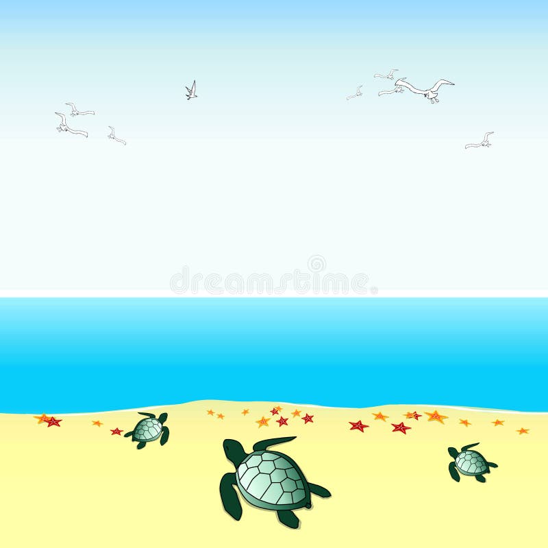 Illustration of little turtles with starfish on the seaside. Illustration of little turtles with starfish on the seaside