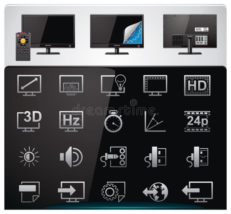 Set of the icons representing modern tv features and specifications. Lcd tv vector vectors