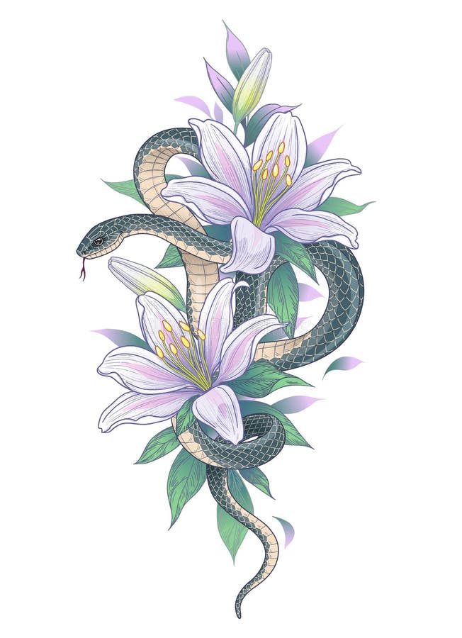 Vector Twisted Snake among Lily Flowers