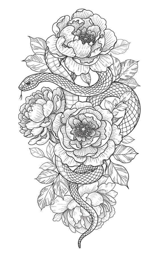 Vector Twisted Snake and Peony Flowers