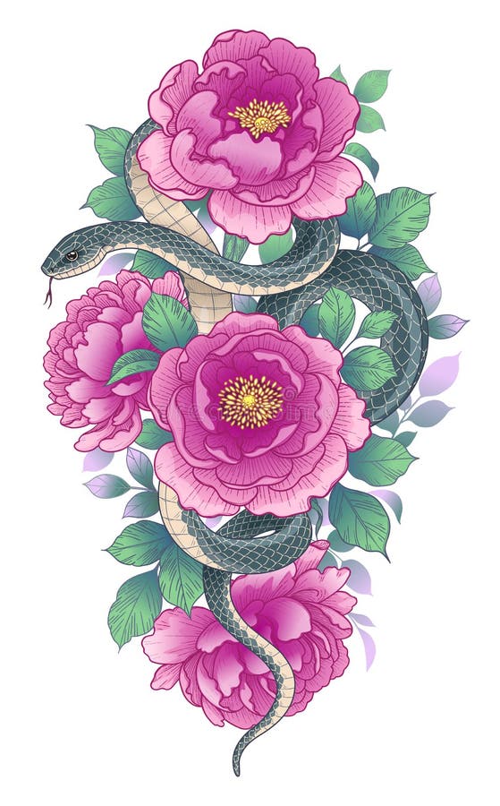 Vector Twisted Snake among Pink Peony Flowers