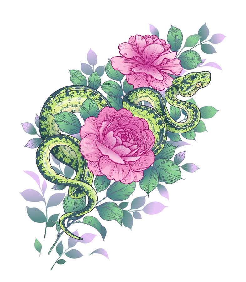 Vector Twisted Snake and Pink Rose Flowers