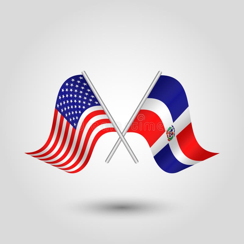 Vector Crossed American And Dominican Republic Flags On Silver Sticks Symbol Of United States
