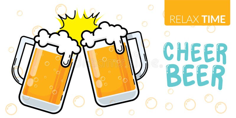 Vector of two glass of beer clinking for celebration party with text relax time, cheer beer.