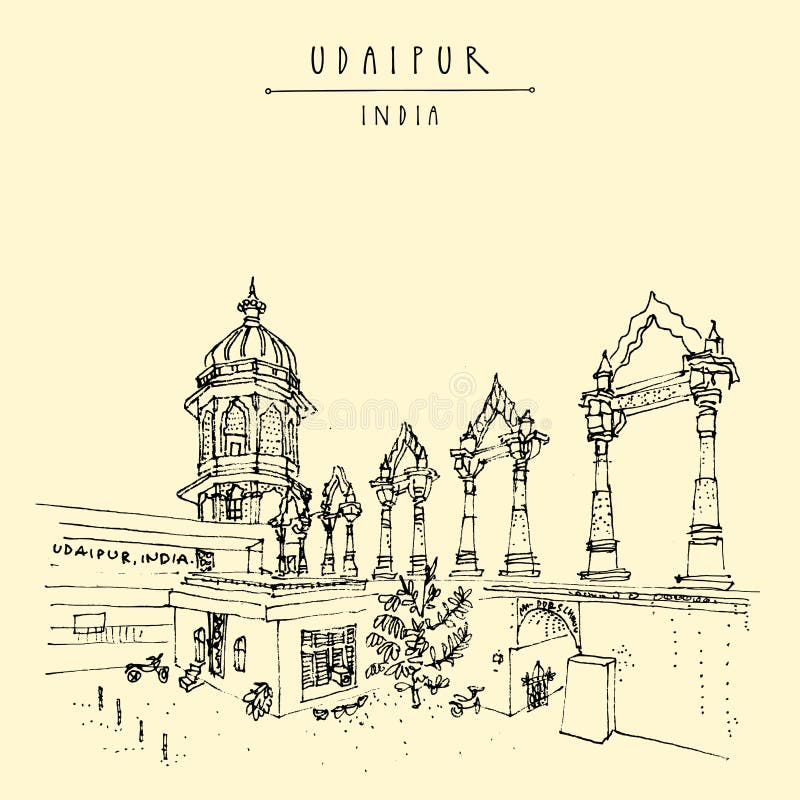 View of Udaipur Rajasthan India Hand drawn cityscape sketch Travel art  Vintage artistic postcard template Stock Illustration  Adobe Stock