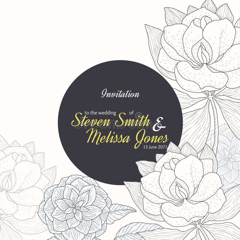 Vector Uitstekende Gele Zwarte het Huwelijksuitnodiging van de Kader Bloementekening met Modieuze Bloemen en Tekst in Klassieke R stock illustratie Vector Uitstekende Gele Zwarte het Huwelijksuitnodiging van de Kader Bloementekening met Modieuze Bloemen en Tekst in Klassieke R stock illustratie