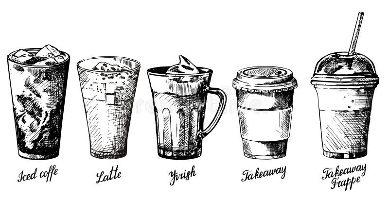 Vector uitstekende hand getrokken geplaatste koffietypes stock illustratie Vector uitstekende hand getrokken geplaatste koffietypes stock illustratie