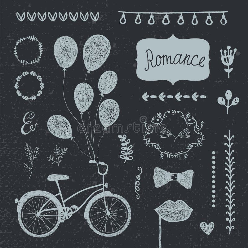 Vector uitstekende reeks hand getrokken romantische ontwerpelementen, de inzameling van de huwelijksuitnodiging stock illustratie Vector uitstekende reeks hand getrokken romantische ontwerpelementen, de inzameling van de huwelijksuitnodiging stock illustratie