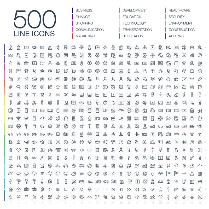 Vector illustration of 500 thin line business icons. Finance, shopping, communication technology, market, app develop, education, transport, healthcare, environment and security. Flat symbols set. Vector illustration of 500 thin line business icons. Finance, shopping, communication technology, market, app develop, education, transport, healthcare, environment and security. Flat symbols set