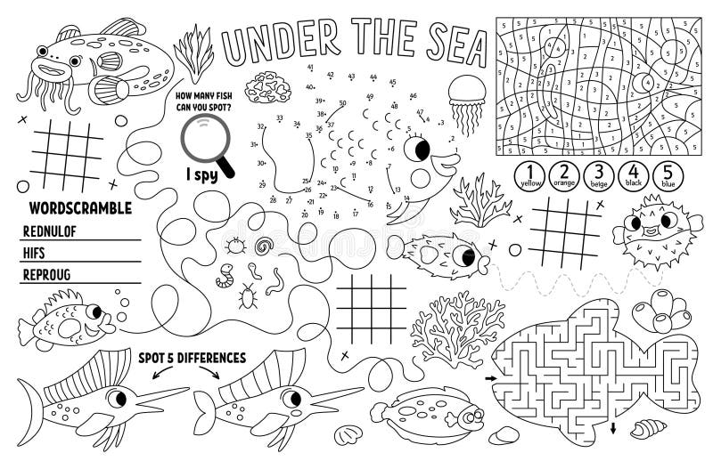 Find differences game for children. Black and white educational activity  with cute crab, sponge, sea landscape. Ocean life line puzzle for kids with  b Stock Vector Image & Art - Alamy