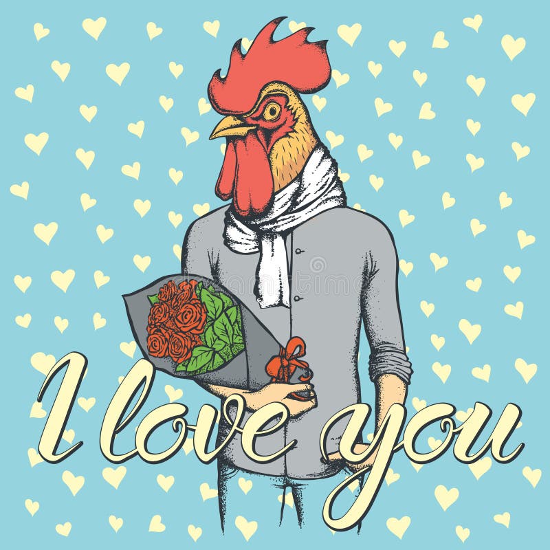 Vector rooster with flowers celebrating Valentines Day