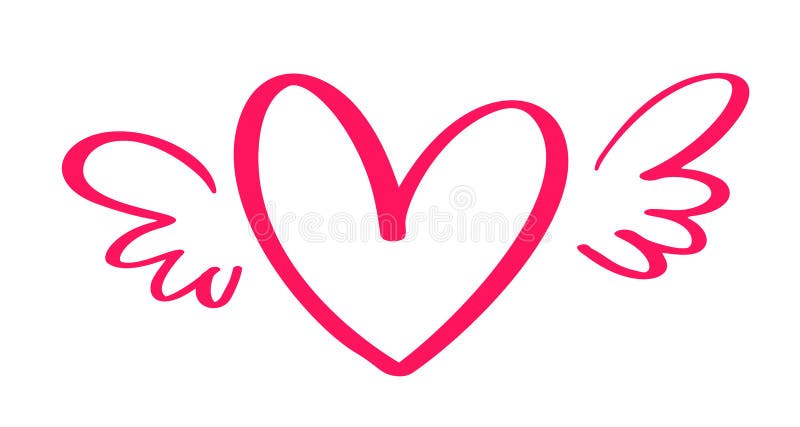 Vector Valentines Day Hand Drawn Calligraphic Heart with wings. Holiday Design element valentine. Icon love decor for