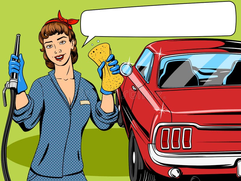 Vector van de het boekstijl van het autowasserettemeisje de grappige vector illustratie Vector van de het boekstijl van het autowasserettemeisje de grappige vector illustratie
