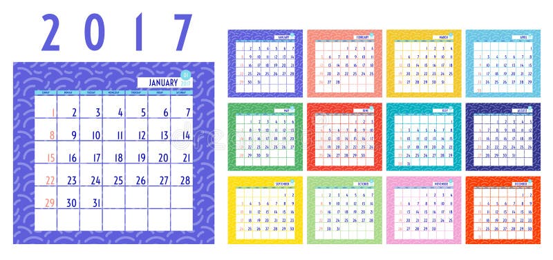 groot Gezicht omhoog het kan Vector Van Kalender 2017 Jaar, 12 Maandkalender Met Kleurrijk Aangaande  Vector Illustratie - Illustration of tijdschema, ontwerp: 72686386