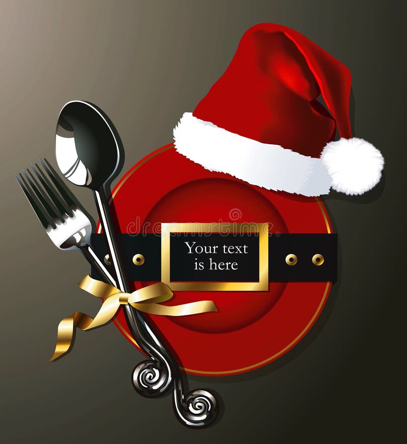 Vector van Kerstmanriem op Rode plaat met vork en lepel stock illustratie Vector van Kerstmanriem op Rode plaat met vork en lepel stock illustratie