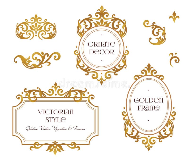 Vector set frames and vignette for design template. Element in Victorian style. Golden floral borders. Ornate decor for invitations, greeting cards, certificate, thank you message. Vector set frames and vignette for design template. Element in Victorian style. Golden floral borders. Ornate decor for invitations, greeting cards, certificate, thank you message.