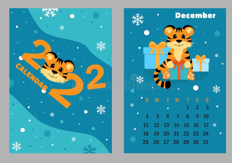 Vector Vertical Calendar 2022 with Symbol of the Year Tiger. Stock