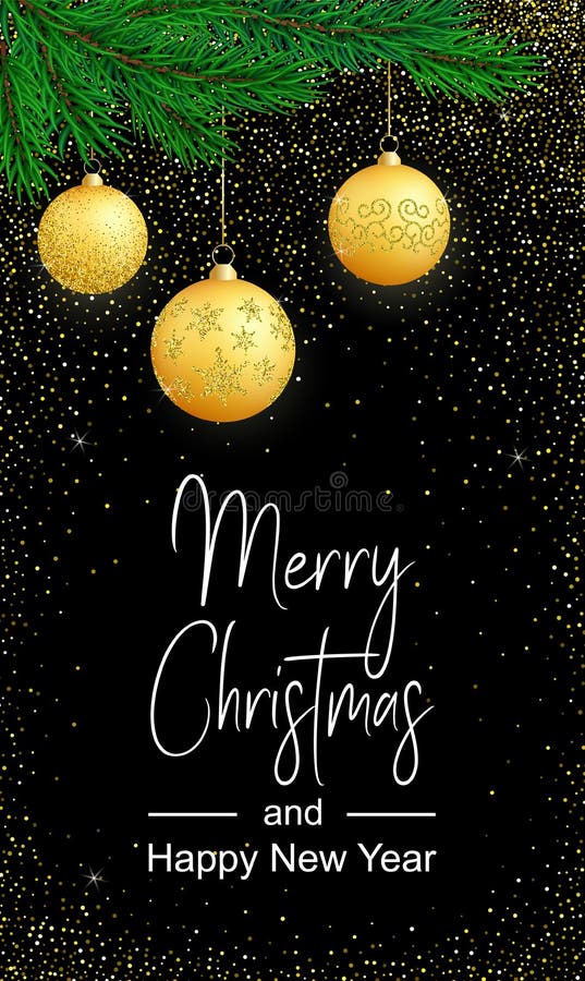 Vector verticale Vrolijke Kerstkaart met gouden ballen op zwarte royalty-vrije illustratie Vector verticale Vrolijke Kerstkaart met gouden ballen op zwarte royalty-vrije illustratie