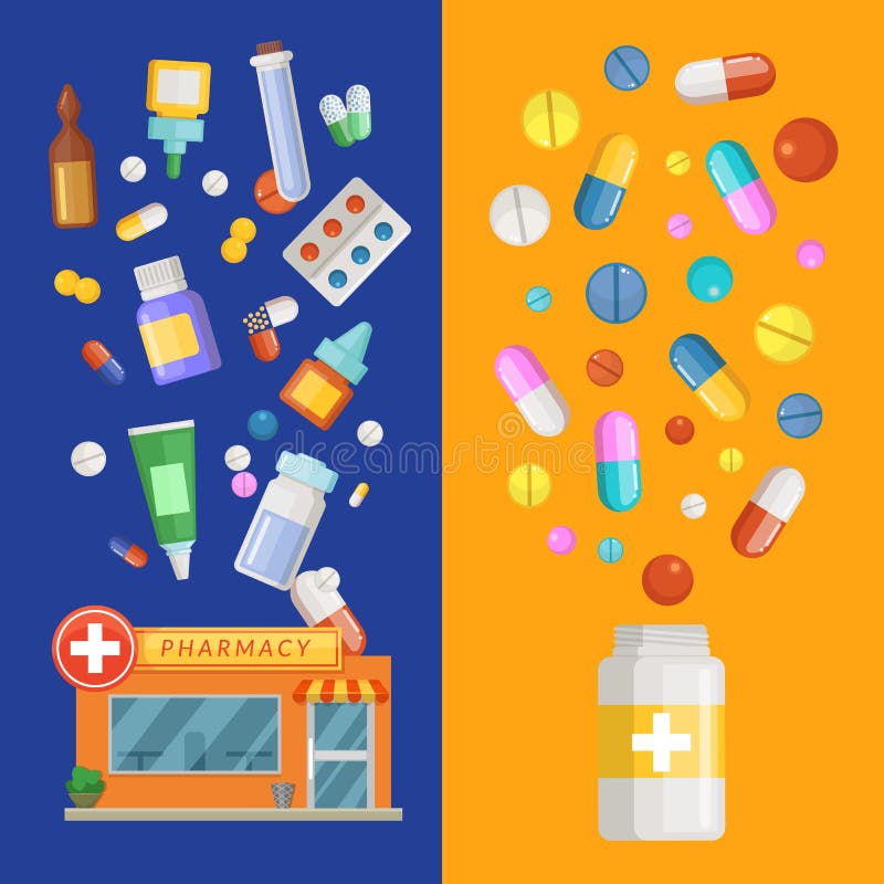 Vector vertikale Fahnenschablonen der Medizin mit Medizin und die Pillen, die aus Apotheke und Flasche heraus verbreiten lizenzfreie abbildung Vector vertikale Fahnenschablonen der Medizin mit Medizin und die Pillen, die aus Apotheke und Flasche heraus verbreiten lizenzfreie abbildung