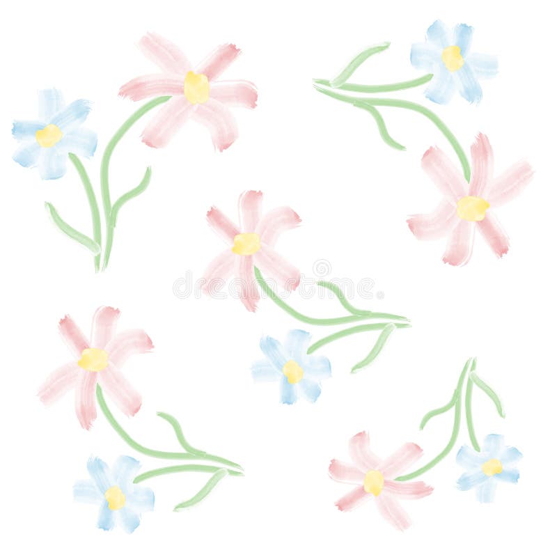 Vector very bright watercolor floral pattern white background - blue and pink flowers vector illustration