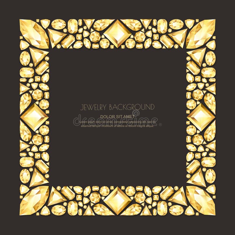 Vector vierkant kader van realistische gouden gemmen en juwelen op zwarte achtergrond Glanzende het ontwerpelementen van diamante stock illustratie Vector vierkant kader van realistische gouden gemmen en juwelen op zwarte achtergrond Glanzende het ontwerpelementen van diamante stock illustratie