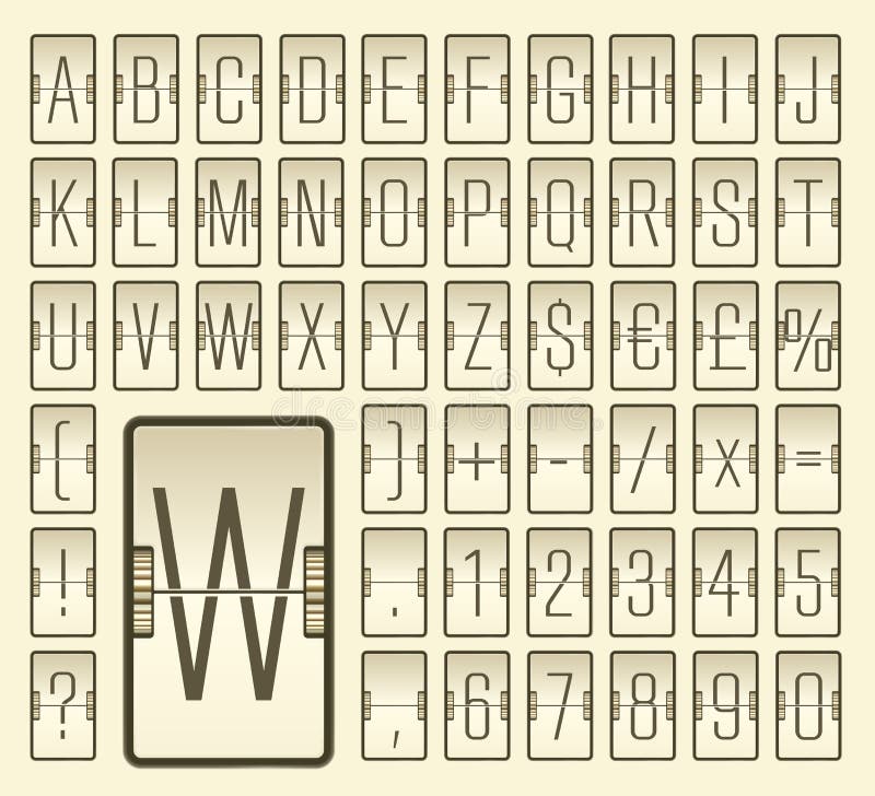 Vector vintage airport terminal retro mechanical scoreboard narrow font with gears to display flight departure info stock illustration Vector vintage airport terminal retro mechanical scoreboard narrow font with gears to display flight departure info stock illustration