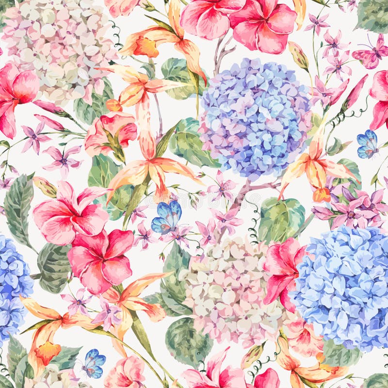 Vector vintage floral greeting card with hydrangeas, orchids stock illustration