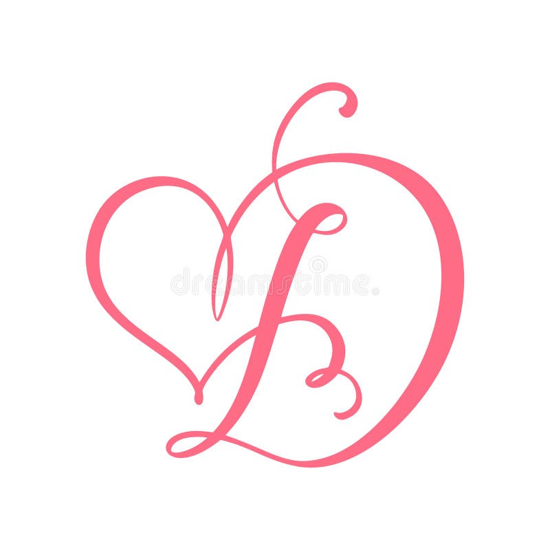 Vector Vintage floral monogram letter D. Calligraphy element heart logo Valentine card flourish frame. Hand drawn Love