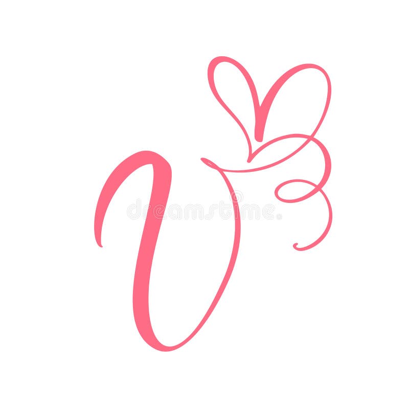 Vector Vintage floral monogram letter V. Calligraphy element heart logo Valentine card flourish frame. Hand drawn Love