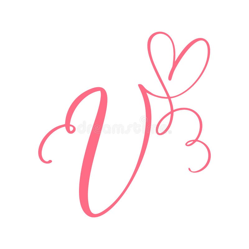 Vector Vintage floral monogram letter V. Calligraphy element heart logo Valentine card flourish frame. Hand drawn Love